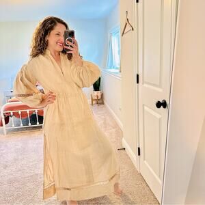 BOTEH Tan Neutral Linen Long Sleeve Eyelet Maxi Dress 1 Medium